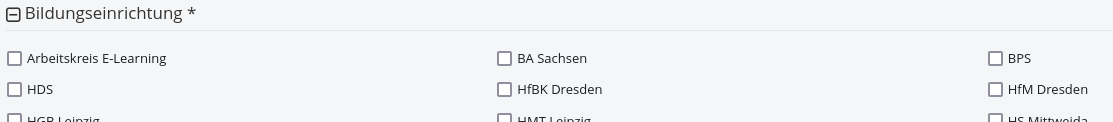 Ausschnitt der Checkbox-Liste der Bildungseinrichtungen beim Hochladen von Medien